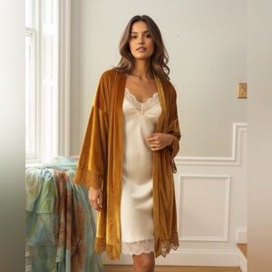 Boho Velvet Kimono Robe Duster Intricate Lace Trim Color Burnt Orange Marigold